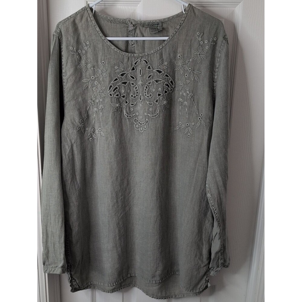 Carbon2Cobalt 100% Linen Embroidered Olive Green Long-Sleeve Tunic Top Size XL